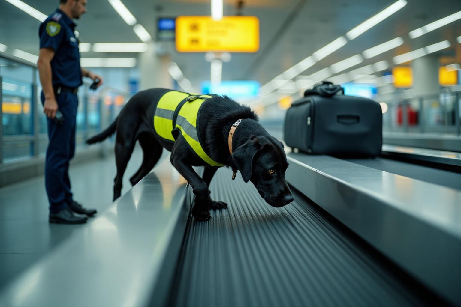 Working detection dog scenting luggage with handler