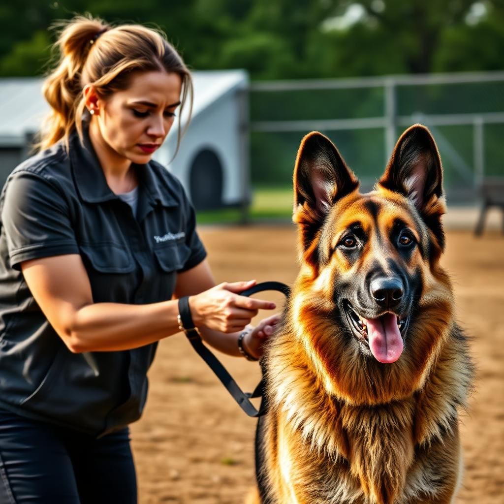 Watch Dog Den trainer working a German Shepherd at the Nerang facility