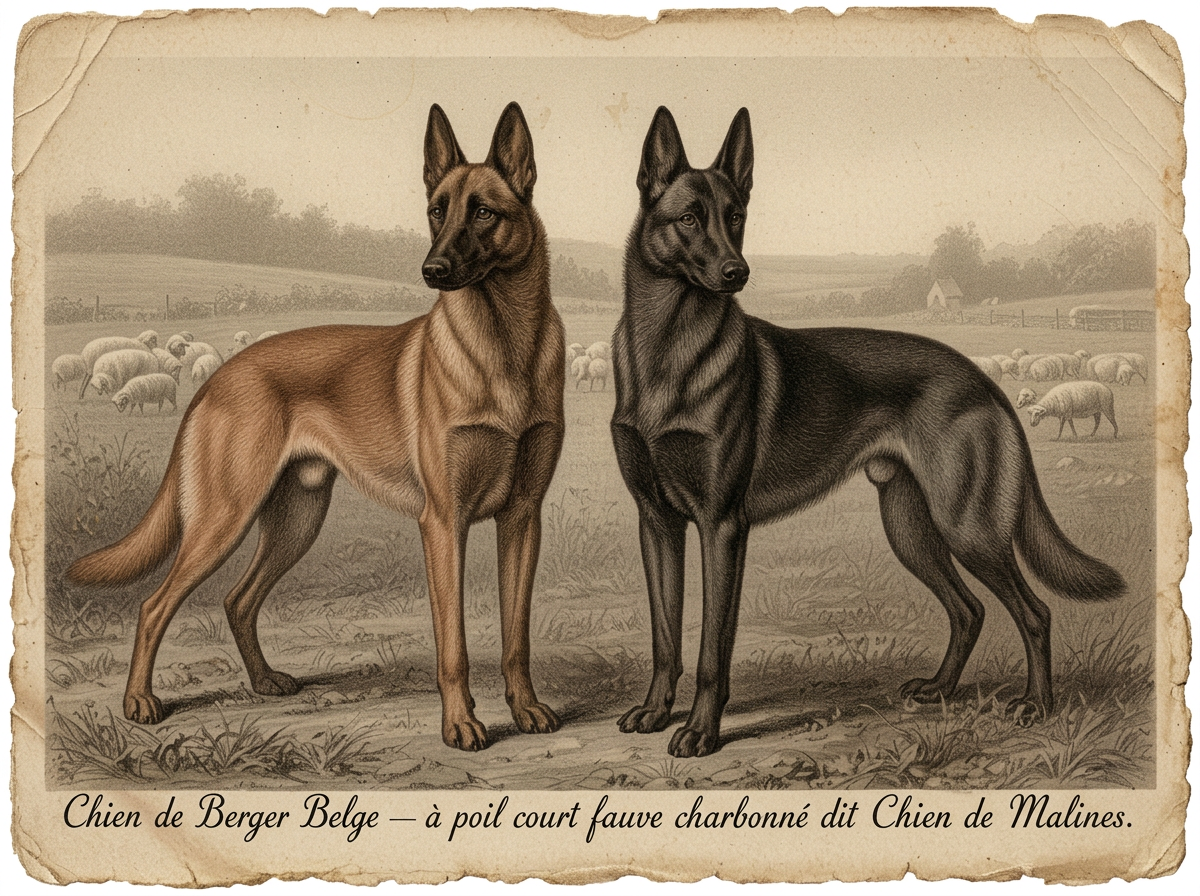 Vintage circa 1900 postcard of Belgian Shepherd Dogs labelled 'Chien de Berger Belge — à poil court fauve charbonné dit Chien de Malines' — the original short-haired Malinois variety